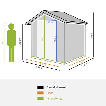 Outdoor Storage Shed, Sliding Door, Sloped Roof  152 x 132 x 188 cm, Grey