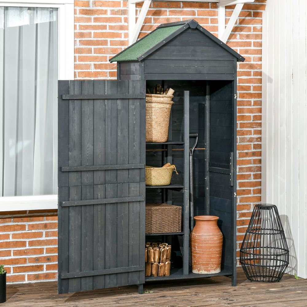 Outsunny Wooden Garden Shed - Utility Tool Storage Cabinet - Grey - Hot Tub Shop
