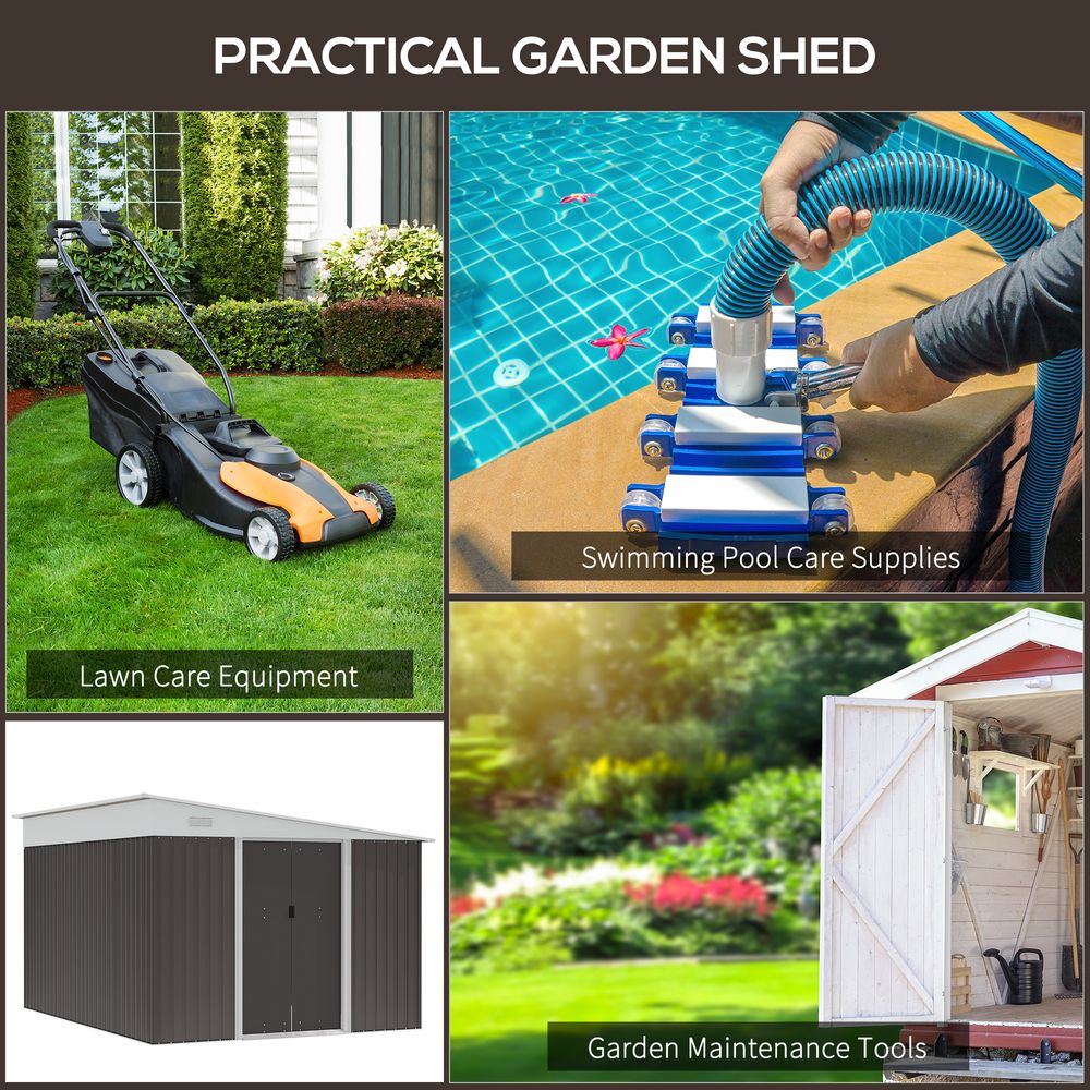 11.3 x 9.2ft Steel Garden Shed Metal Tool House Double Doors & 2 Air Vents, Grey - Hot Tub Shop