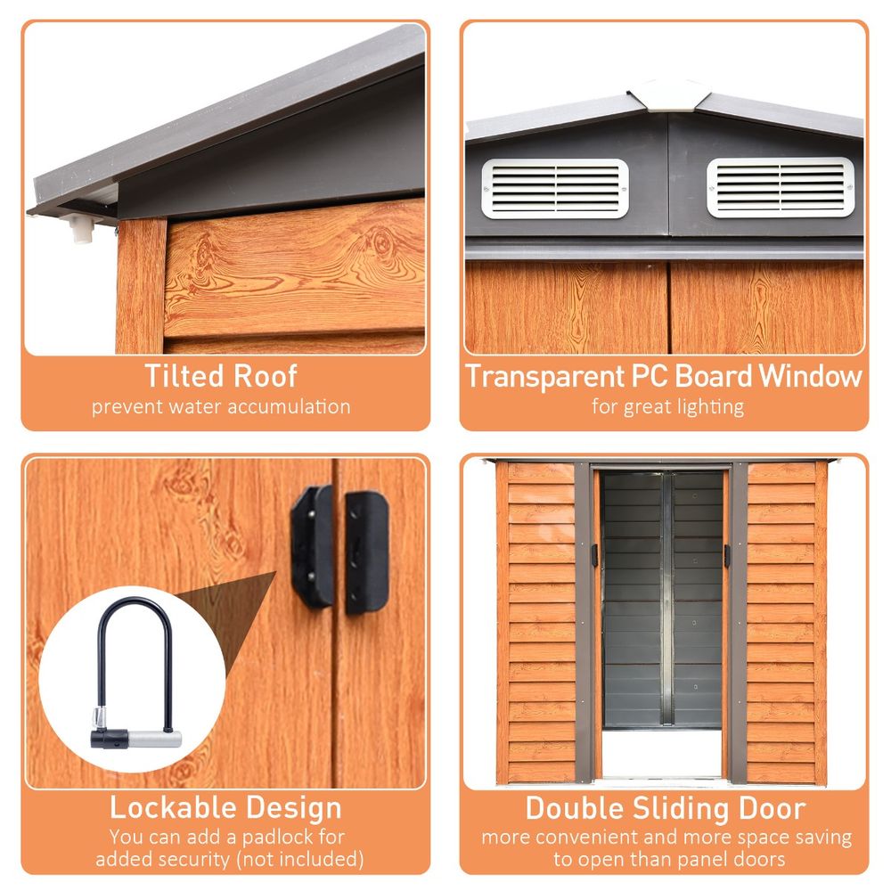 6x5ft Metal Garden Shed - Brown, 193Lx152Wx203Hcm - Tool Storage for Gardening - High Quality - Hot Tub Shop