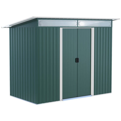 Pent Roofed Metal Shed Foundation Vent 260x133x200cm Sliding Door Green - Hot Tub Shop
