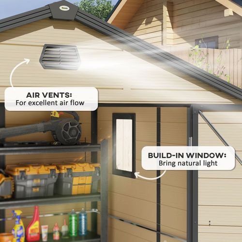 Outsunny 8 x 6ft Garden Shed Storage w/ Foundation Kit, Vents, Cream White - Hot Tub Shop