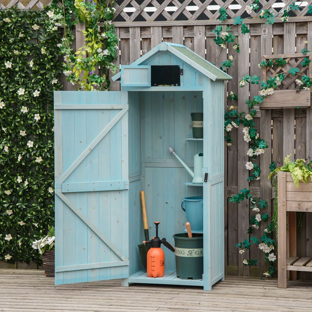 Garden Shed Vertical Utility 3 Shelves Wood Tool Storage Unit Cabinet - Hot Tub Shop