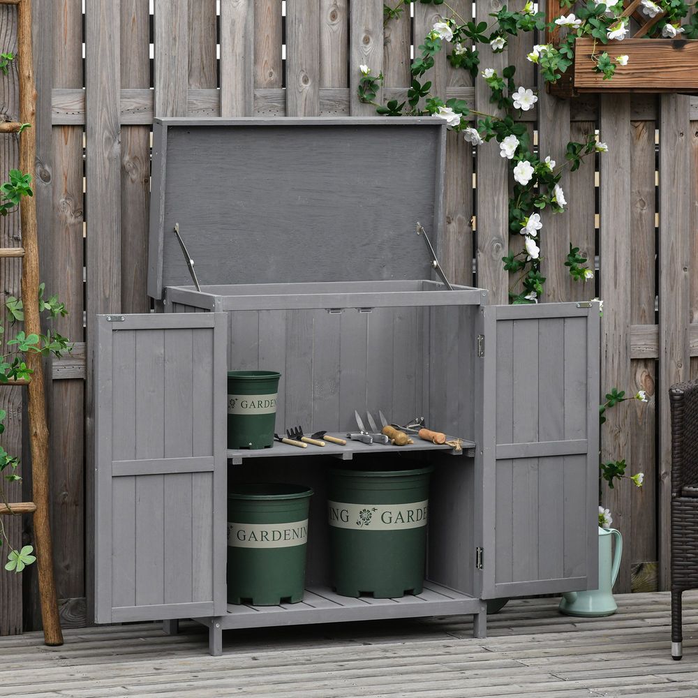 Durable 74x43x88cm Garden Shed Storage Wooden Chest | Double Doors | Shelf | Hinged Roof - Hot Tub Shop