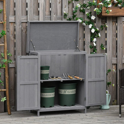 Durable 74x43x88cm Garden Shed Storage Wooden Chest | Double Doors | Shelf | Hinged Roof - Hot Tub Shop