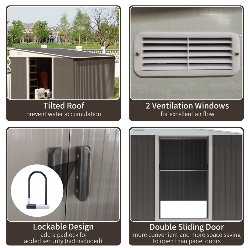 11.3 x 9.2ft Steel Garden Shed Metal Tool House Double Doors & 2 Air Vents, Grey - Hot Tub Shop