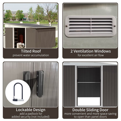 11.3 x 9.2ft Steel Garden Shed Metal Tool House Double Doors & 2 Air Vents, Grey - Hot Tub Shop