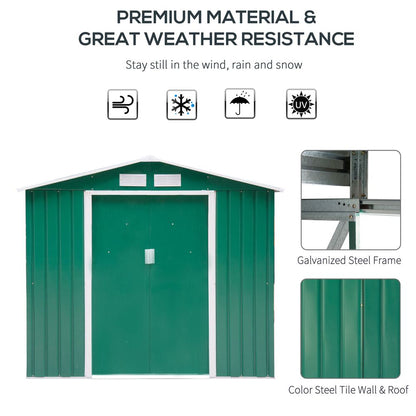 Outsunny 7 x 4ft Metal Garden Shed, Outdoor Storage Tool House with Ventilation Slots, Foundation Kit and Lockable Double Doors, Green
