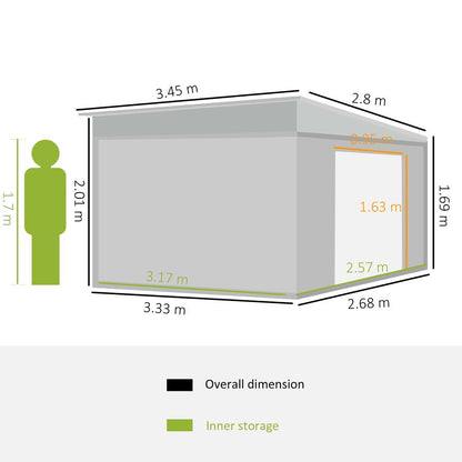 11.3 x 9.2ft Steel Garden Shed Metal Tool House Double Doors & 2 Air Vents, Grey - Hot Tub Shop