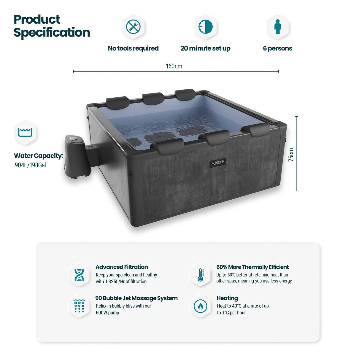 Adriatic | 6 Person Square Aluminium Frame Hot Tub | Black Wood | UKCA